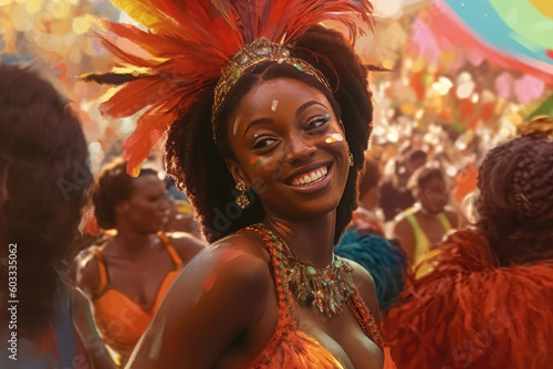 Brazilian samba dancer, adorned in a carnival costume and feather ornament, exuding joy and exuberance as she dances passionately at the vibrant Rio de Janeiro carnival. Generative AI