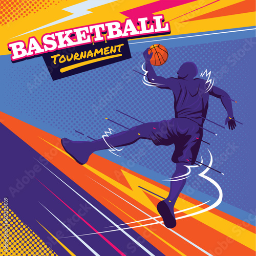 Basketball Man Slam Dunk Pose with Urban Style and Glitch Style in Bold Colorful Colors  