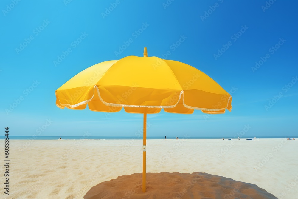 bright yellow beach umbrella on the sand with a blue sky in the background, Generative AI