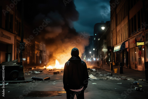 Riots on the street, uproar, city rampage, urban civil unrest disturbance concept 