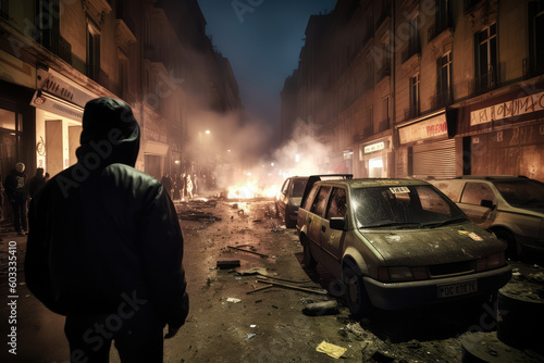 Riots on the street, uproar, city rampage, urban civil unrest disturbance concept 