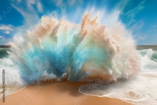 blue and turquoise ocean wave crashing against a sandy beach  creating a colorful froth  Generative AI