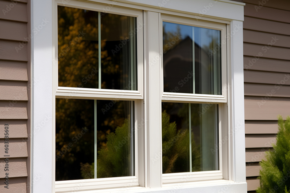 Fototapeta premium Double Hung Vinyl Window in a House With Vinyl Siding