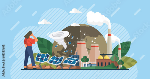 Global warming and the fragility of nature. Climate change and global warming metaphor. Waste pollution. Broken solar panels. Tornado. Co2. Eco environment signs. Toxic air pollution. Save the planet