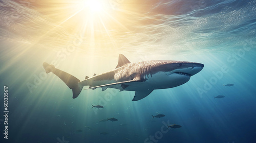 sharks swimming underwater between the ocean floor and  water surface, underwater paradise and coral reef wildlife nature,
a tropical fish on a coral reef, shark swimming in ocean ,Generative AI 
