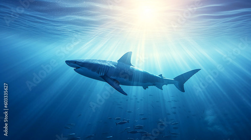 sharks swimming underwater between the ocean floor and  water surface, underwater paradise and coral reef wildlife nature,
a tropical fish on a coral reef, shark swimming in ocean ,Generative AI 
