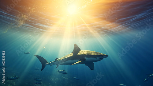 Fotografia sharks swimming underwater between the ocean floor and  water surface, underwate