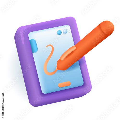 Purple phone or tablet with orange stylus 3D illustration. Drawing of tablet and digital pen for graphic designers in 3D style on white background. Technology, entertainment, graphic design concept