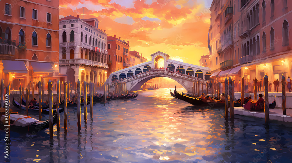 Illustration of the beautiful city of Venice. City of gondoliers, bridges, carnivals and love. Italy - obrazy, fototapety, plakaty 