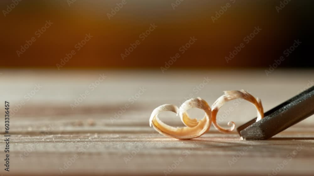 Super slow motion of detail of carving wood with a chisel. Low depth of focus, super macro shot. Filmed on high speed cinema camera, 1000 fps. Super slow motion of detail of carving wood with a chisel. Low depth of focus, super macro shot. Filmed on high speed cinema camera, 1000 fps.