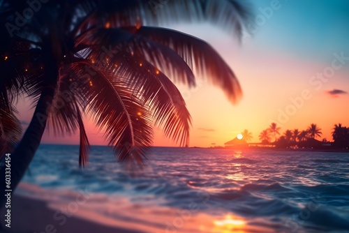 beautiful sunset over tropical island with blurred palm tree and tropical beach background, Generative AI