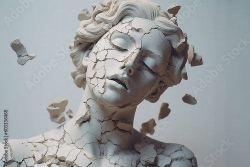 collapsing plaster bust of a girl, created by a neural network, Generative AI technology