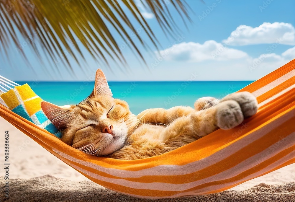 Cat sleep on a Hammock bed and sunbathing. Funny beach illustration. Ai generative.