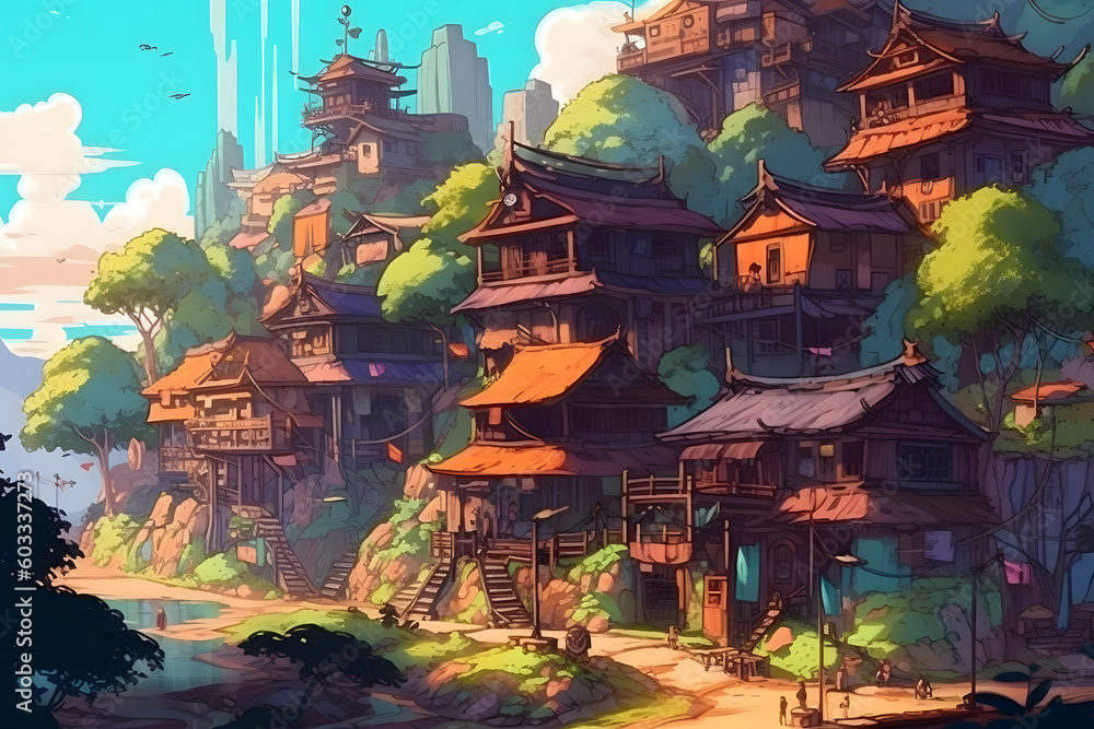 Obraz premium Illustration of a Serene Village at Day. Generative AI