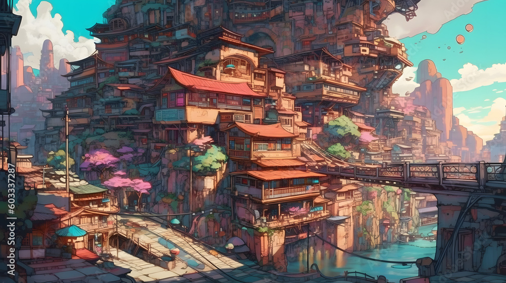 Obraz premium Illustration of a Serene Village at Day. Generative AI