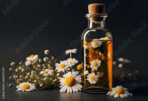 Essential oil in glass bottle with fresh chamomile illustration. Ai generative.
