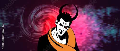 Vector portrait of a horned contrast demon tempter with red eyes against the background of a bloody galaxy.