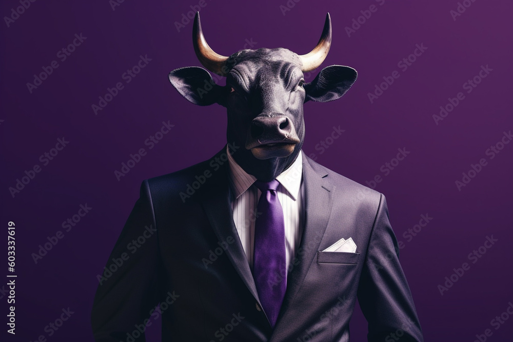 Businessman in a suit with horns on a purple background. Business concept. generative ai