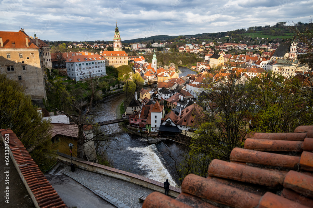 Historical centre and castle in Cesky Krumlov at sunset