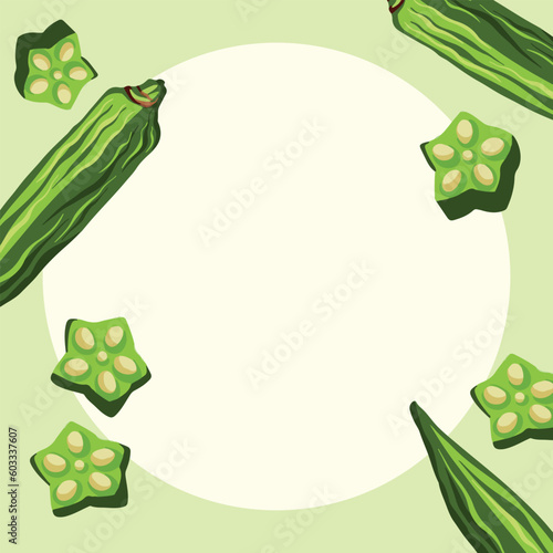 Okra green vegetable with empty copy space for text title vector illustrative background isolated on green square wallpaper. Vector backdrop for social media post, poster, brochure.