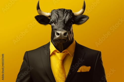 Black bull in a businessman suit and yellow tie on a yellow background. ai