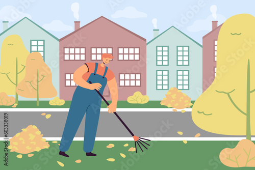 Janitor sweeping yellow leaves in the street vector illustration. Cartoon drawing of man in uniform cleaning lawn or road, public cleaning service. Ecology, nature, occupation, autumn concept