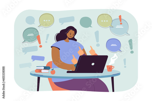 Sad African American woman with laptop vector illustration. Racist and hate comments online in social media or advertisement. Racism in advertising, online communication concept