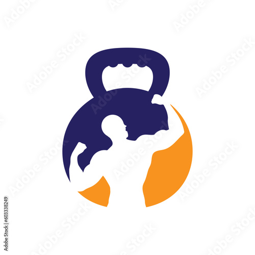 Gym power logo design idea with kettle bell and thunder symbol in negative space. Fitness and bodybuilding club logo template. Sport and recreation theme.