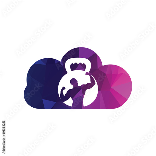 Gym power logo design idea with kettle bell and thunder symbol in negative space. Fitness and bodybuilding club logo template. Sport and recreation theme.