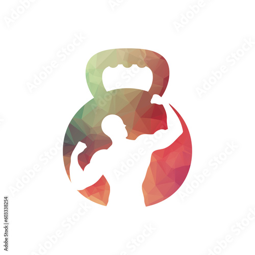 Gym power logo design idea with kettle bell and thunder symbol in negative space. Fitness and bodybuilding club logo template. Sport and recreation theme.