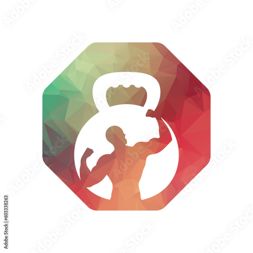 Gym power logo design idea with kettle bell and thunder symbol in negative space. Fitness and bodybuilding club logo template. Sport and recreation theme.