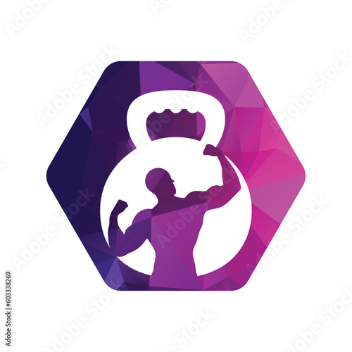 Gym power logo design idea with kettle bell and thunder symbol in negative space. Fitness and bodybuilding club logo template. Sport and recreation theme.