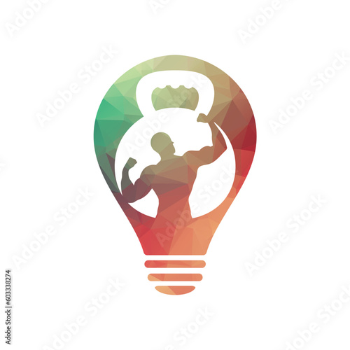 Gym power logo design idea with kettle bell and thunder symbol in negative space. Fitness and bodybuilding club logo template. Sport and recreation theme.