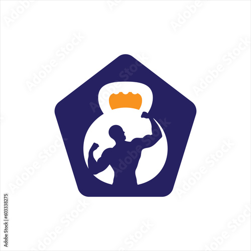 Gym power logo design idea with kettle bell and thunder symbol in negative space. Fitness and bodybuilding club logo template. Sport and recreation theme.