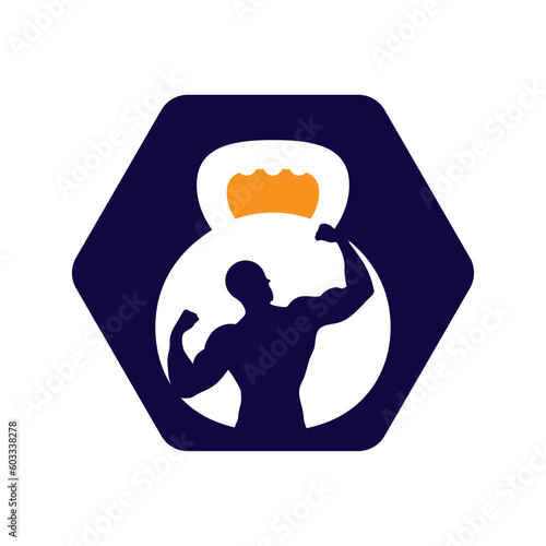 Gym power logo design idea with kettle bell and thunder symbol in negative space. Fitness and bodybuilding club logo template. Sport and recreation theme.
