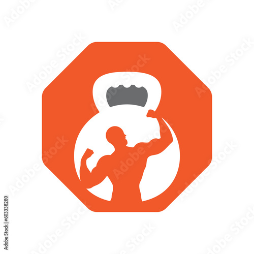 Gym power logo design idea with kettle bell and thunder symbol in negative space. Fitness and bodybuilding club logo template. Sport and recreation theme.