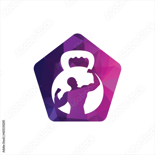 Gym power logo design idea with kettle bell and thunder symbol in negative space. Fitness and bodybuilding club logo template. Sport and recreation theme.
