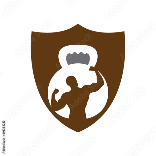 Gym power logo design idea with kettle bell and thunder symbol in negative space. Fitness and bodybuilding club logo template. Sport and recreation theme.