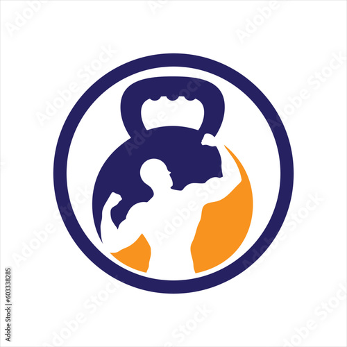 Gym power logo design idea with kettle bell and thunder symbol in negative space. Fitness and bodybuilding club logo template. Sport and recreation theme.