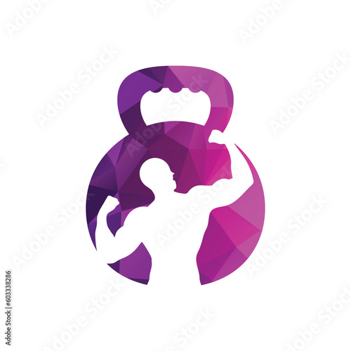 Gym power logo design idea with kettle bell and thunder symbol in negative space. Fitness and bodybuilding club logo template. Sport and recreation theme.