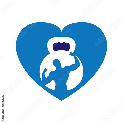 Gym power logo design idea with kettle bell and thunder symbol in negative space. Fitness and bodybuilding club logo template. Sport and recreation theme.
