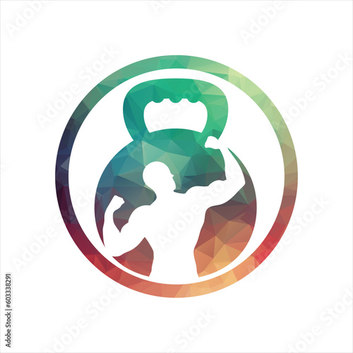 Gym power logo design idea with kettle bell and thunder symbol in negative space. Fitness and bodybuilding club logo template. Sport and recreation theme.
