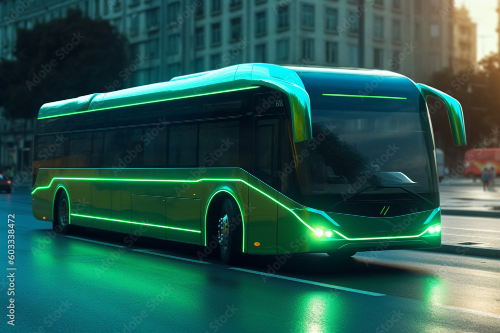 Green digital bus on the road in the city. 3d rendering. generative ai