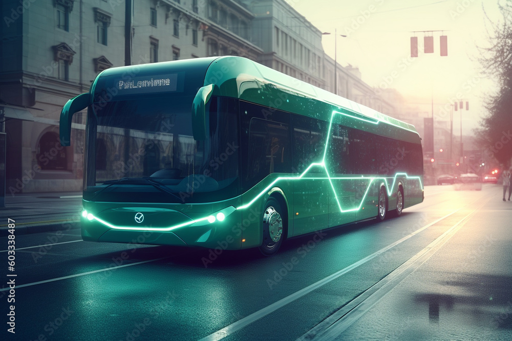 Green digital bus on the road in the city. 3d rendering. generative ai