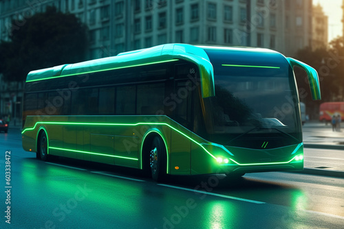 Green digital bus on the road in the city. 3d rendering. generative ai © Graphicsstudio 5