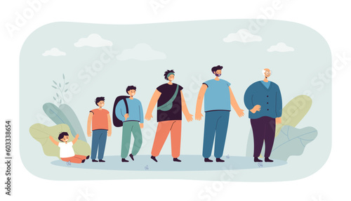Happy men of different age vector illustration. Male toddler, boy, teenager, young, mature and senior man standing in line. Aging, descent between generations, adolescence concept
