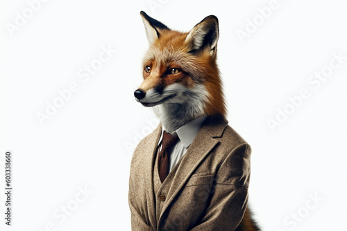 Portrait of a fox in a suit on an white background. business and fashion concept generative ai