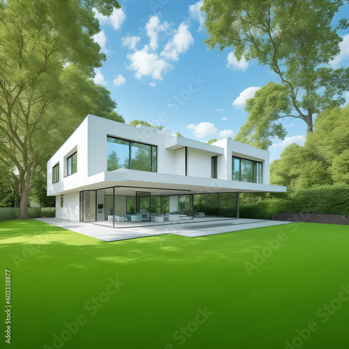 Generative AI illustration house in a modern style, near the trees and the lawn.