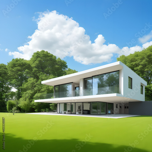 Generative AI illustration house in a modern style, near the trees and the lawn.