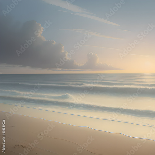 Generative AI illustration of fantastic  fabulous landscape. Sunset on the seashore. 